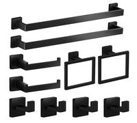 Hinmood Matte Black Bathroom Hardware Set - 2pcs 24" Towel Bars, 2pcs Towel Rings, 2pcs Toilet Paper Holders, 4pcs Robe Hooks - Modern Square Bathroom Accessories Complete Your Bathroom in Style