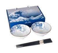 Hinomaru Collection Great Wave off Kanagawa Ramen Bowl Set - 2 Ceramic Bowls with Chopsticks, Hokusai Japanese Art Design, Gift Boxed for Ramen, Rice, Soup, Udon