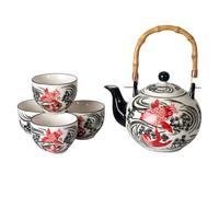 Hinomaru Collection Japanese Design Style Porcelain Tea Set with Bamboo Handle, 30 oz Teapot with 4 Cups, Stainless Steel Infuser Strainer (Koi Fish)