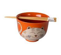 Hinomaru Collection Quality Japanese Multi Purpose Ramen Udon Noodle Rice Tayo Bowl with Chopsticks Gift Set 5 Inch Diameter (Orange Cat)
