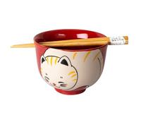 Hinomaru Collection Quality Japanese Multi Purpose Ramen Udon Noodle Rice Tayo Bowl with Chopsticks Gift Set 5 Inch Diameter (Red Cat)