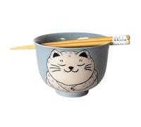 Hinomaru Collection Quality Japanese Multi Purpose Ramen Udon Noodle Rice Tayo Bowl with Chopsticks Gift Set 5 Inch Diameter (Gray Cat)
