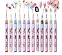 Hinourisha12pcs 3D Nail Art Pens Set, Acrylic Nail Paint Pens Kit, 0.5mm Fine Tip Nail Varnish Pens for Real Nail Makers kit Graffiti Pen Quick-drying Waterproof Nail Point Line Art Pen for Nail DIY