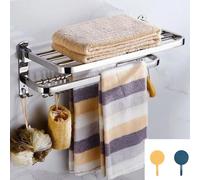 Hinsinc Double Tier Towel Rail Wall Mounted Bathroom Shelf with Hook Folding in Silver Hinsinc Silver