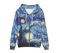 Hinthetall Women's Zip Up Long Sleeve Oversized Drawstring Hoodie Hooded Sweatshirt Pullover Top with Pockets, Van Gogh Starry Night, Medium