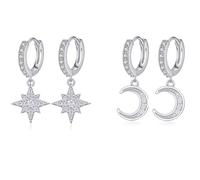 Hinvan 2 Pairs 925 Sterling Silver Earrings Moon Star Dangle Hoop Earrings Silver Hoops Drop Hoop Earrings Huggie Hypoallergenic Asymmetrical CZ Moon Star Earrings for Women Girls