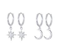 Hinvan 2 Pairs 925 Sterling Silver Moon and Star Earrings Silver Huggie Drop Dangle Hoop Earrings Cubic Zirconia Asymmetrical Hypoallergenic Sleeper Small Star Hoops for Women Girls