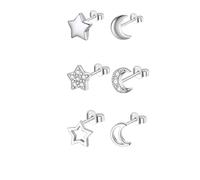 Hinvan 3 Pairs 925 Sterling Silver Earrings Moon Star Silver Stud Earrings Studs Earrings Cubic Zircon Small Sleeper Silver Star Stud Earrings Set for Women Girls