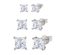 Hinvan 3 Pairs 925 Sterling Silver Earrings Silver Stud Earrings Hypoallergenic Square Diamond Cubic Zirconia Sleeper Silver Studs Earrings Set for Women Men Girls Teens 4/5/6mm