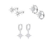 Hinvan 3 Pairs 925 Sterling Silver Earrings Star Earrings Dangle Huggie Hoop Earrings Silver Drop Hoops Cubic Zirconia Studs Earrings Sleeper Star Silver Stud Earrings for Women Girls