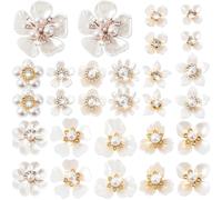 HINZIC 28pcs Flower Pearl Rhinestone Buttons, Sparkly Flower Decorations Accessories for Wedding Party DIY Craft- White