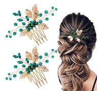HINZIC 2Pcs Bridal Hair Combs, Green Crystal Emerald Turquoise Hair Pins, Gold Leaves Wedding Hairpiece Clips Accessories for Women Girls Party Bride Prom Engagement