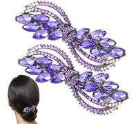 HINZIC 2PCS Purple Rhinestone Hair Barrettes, Sparkly Crystal Hair Clips Bridal Decorative Wedding Prom Valentines Accessories for Women Thick Long Hair