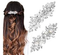 HINZIC 2Pcs Rhinestone Hair Clips Crystal Pearl Hair Barrettes Metal Alloy French Hairpins Silver Sparkly Wedding Prom Bridal Accessories for Women Thick Long Hair