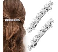 HINZIC 2Pcs Silver Pearl Hair Clips, Sparkly Crystal Rhinestone Wedding Barrettes French Bridal Hair Pins Prom Engagement Decorative Accessories for Women Bride