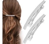 HINZIC 2PCS Silver Rhinestone Hair Clips Sparkly Crystal Hair Barrettes Bling Metal Wedding Prom Ponytail Holder French Hair Accessories for Women Bride