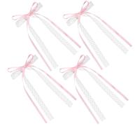 HINZIC 4pcs Coquette Lace Bows Pink White Bow Hair Clips with Long Tail Cute Bowknot Ribbon Snap Barrettes Christmas Wedding Prom Valentines Decorative Accessories for Women Teen Rapunzel