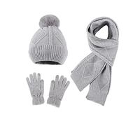 Hinzonek Winter Warm Knit Beanie Hat Scarf Gloves Set for Women Ladies Girls 3 in 1 Pom Pom Hats Mittens Neck Scarf Set Thick Outdoor Wearing