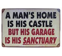 Hioni A Man's Home is His Castle But Garage is Sanctuary, Metal Tin Sign, Vintage Plaque Home Wall Decor