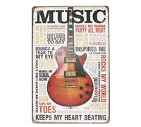 Hioni MUSIC Inspires Me Keeps My Heart Beating, Guitar Metal Tin Sign, Vintage Plaque Wall Decor