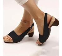 HIONRE Womens Strappy Platfrom Sandals,Comfy Women Wedges Sandals,Solid Color Chunky Heel Sandals, Plus Size Buckle Women's Sandals,black,37