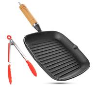 Hioph Cast Iron Square Griddle Pan, Grill Pan for All Hobs, 22cm Steak Pan with Tipping Spout, Suitable for Induction, Gas, and Camping Stoves, Detachable Handle, Red Silicone Steak Tongs,Oven Usable