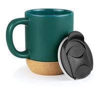Hioph Ceramic Coffee Mug with Handle and Removable Lockable Lid with Sliding Sip Hole 400ML, Heatproof Cork Base Design. (Green)