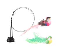 HIOPOIUYT Interactive Elastic Cats Teaser Toy With Double Rod Suction Cup And Realistic Colorful Feathered Birds Accessories Set Intelligent Suction Cup Cats Stick