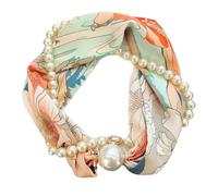 HIOPOIUYT Multipurpose Satins Floral Scarf with Magnetic Clasp and Pearls Chain Necklace Soft Silk Neckerchief for Stylish Outfits