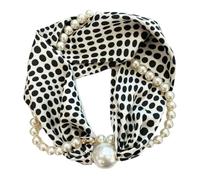 HIOPOIUYT Multipurpose Satins Floral Scarf with Magnetic Clasp and Pearls Chain Necklace Soft Silk Neckerchief for Stylish Outfits