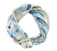 HIOPOIUYT Multipurpose Satins Floral Scarf with Magnetic Clasp and Pearls Chain Necklace Soft Silk Neckerchief for Stylish Outfits