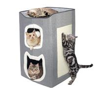 HIOVEL 2 Layer Cat House Beds for Indoor Cats with Scratch Pad and Fluffy Ball, Large Semi-Enclosed Cat Bed Igloo for Multi-Pet Kitten and Little Dogs, Grey