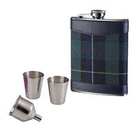 Hip Flask Gift Set 8oz Hip Flask with 2 Cups and Funnel Set Tartan Design Leather Effect Hip Flask Girls Night Out Flask Sets (Green Tartan Set)