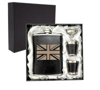 Hip Flask Set with Funnel and Shot Glasses, 8 oz Alcohol Flask Stainless Steel + PU Leather Whiskey Flask, Leak Proof Pocket Hip Flask for Liquor for Men (Black-Union Jack)
