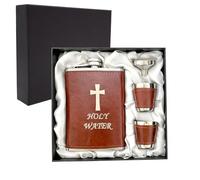 Hip Flask Set with Funnel and Shot Glasses, 8 oz Alcohol Flask Stainless Steel + PU Leather Whiskey Flask, Leak Proof Pocket Hip Flask for Liquor for Men (Brown-Holy Water)