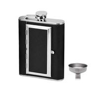 Hip Flasks for Men, 304 Stainless Steel Hip Flask with Funnel and Cigarette Case 6oz PU Leather Cover Black