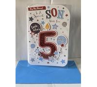 Hip Hip Hooray! To A Special Son With Love Look Who's 5 Today Birthday Card Age 5 5th Five White/Red/Blue Words/Balloons 3D/Glitter/Foil Detail(PRELUDE44319)