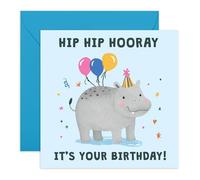Hip Hooray Birthday Card - Cute Hippo with Balloons - Greetings for Kids Celebration Son Daughter Nephew Niece Grandchild Boys Girls Fun Animal Illustration - Comes with Stickers
