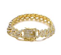 Hip Hop 13.5MM Prong Cuban Chain 2 Row Bling Rhinestone Zircon Paved Necklaces Bracelets For Men Women Jewelry-Gold Bracelet,8inch