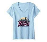 Hip Hop Born in The Bronx Urban NYC Skyline Art V-Neck T-Shirt, Women, Baby Blue, XL