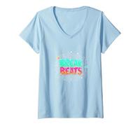 Hip Hop Break Beats Retro Graffiti Style Music Art V-Neck T-Shirt, Women, Baby Blue, S