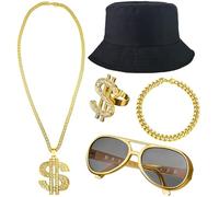 Hip Hop Costume Accessories, 5PCS Hip Hop Party Decorations Disco Outfit Rapper Fancy Dress Accessories with Fisherman's Hat Necklace Bracelet Rings Sunglasses HipHop Party Supplies for Carnival
