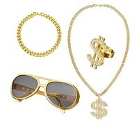 Hip Hop Costume Accessories Set, Fake Gold Chain Men, 80s/90s Fancy Dress Costumes, Dollar Necklace, Dollar Ring, Hippie Glasses Mens, 90s Accessories for Rapper Boys Girls Disco Party Supplies