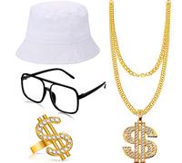 Hip Hop Costume Kit 80s/90s Rapper Accessories Bucket Hat Sunglasses Gold Chain Ring Outfit for Men Women (White)