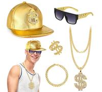 Hip Hop Costume Kit for Women Men, 80s/90s Chunky Rapper Gangster Accessories Set Fancy Dress with Baseball Cap Hat Dollar Necklace Sunglasses Gold Bracelet Ring Outfits for Disco Theme Dress Up Party