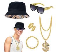 Hip Hop Costume Kit for Women Men, 80s/90s Chunky Rapper Gangster Accessories Set Fancy Dress with Bucket Hat Dollar Sign Necklace Sunglasses Gold Bracelet Ring Outfits for Disco Theme Dress Up Party