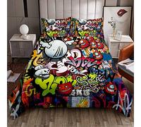 Hip Hop Decor Comforter Cover Hippie Graffiti Style Bedding Set for Boys Girls Children Street Culture Duvet Cover Modern Graphic Wall Urban Art Bedspread Cover Room Decor Single Size Quilt Cover 2Pcs