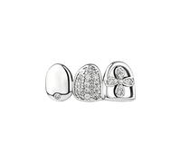 Hip-Hop Grille Set, Four-Leaf Clover Design Set With Zircons, 18K Gold-Plated and Silver-Plated Finish, Perfect for Rappers and Party Occasions(Silver)