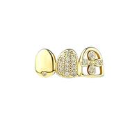Hip-Hop Grille Set, Four-Leaf Clover Design Set With Zircons, 18K Gold-Plated and Silver-Plated Finish, Perfect for Rappers and Party Occasions(Gold)