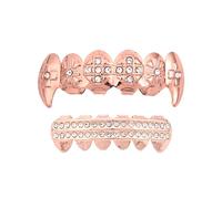 Hip Hop Grillz Set, The Bling 14k White Gold Plated Vampire Fang CZ Iced Out Removable Top & Bottom Teeth Platinum Silver(Pink)